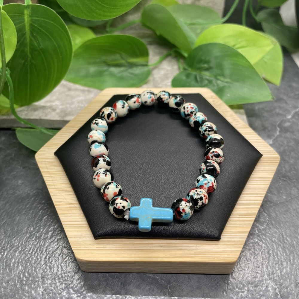 Handmade Stone Bead Stackable 6.5” Plus Stretch Bracelet Cross B8258