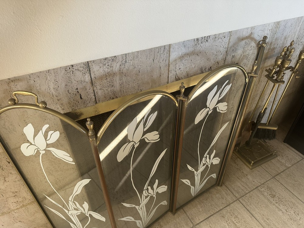 Vintage Glass Fireplace Screen And Tools