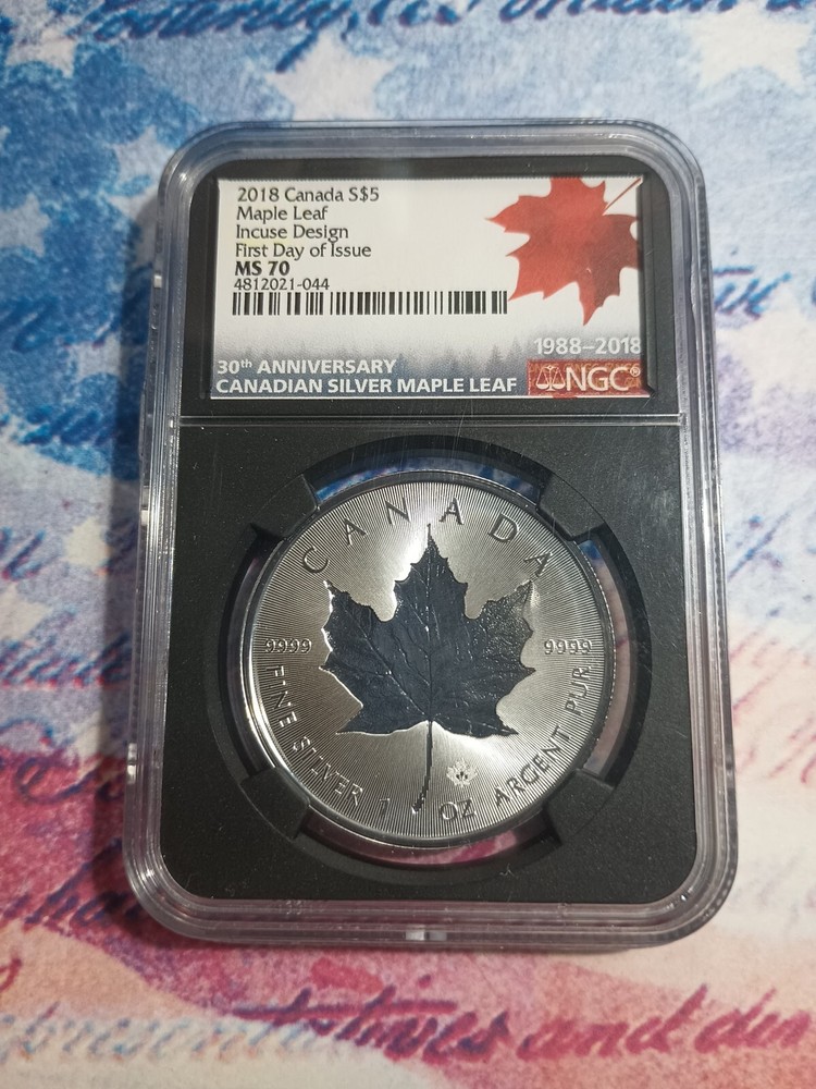 🍁2018 CANADA S$5 MAPLE LEAF INCUSE DESIGN FIRST DAY ISSUE 30TH ANNIVERSARY MS70