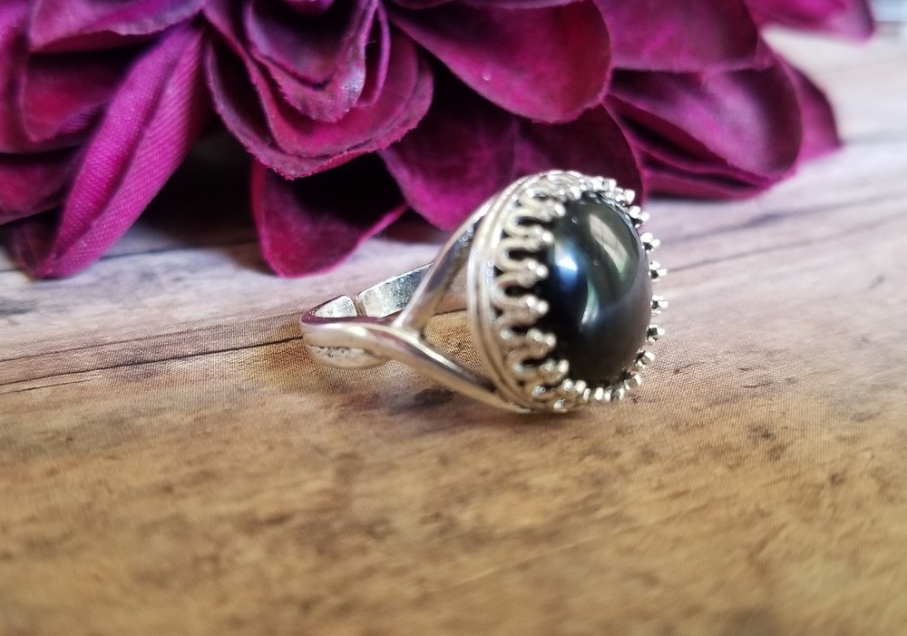 Black agate ring, adjustable, silvertone, stone, antique style gothic victorian