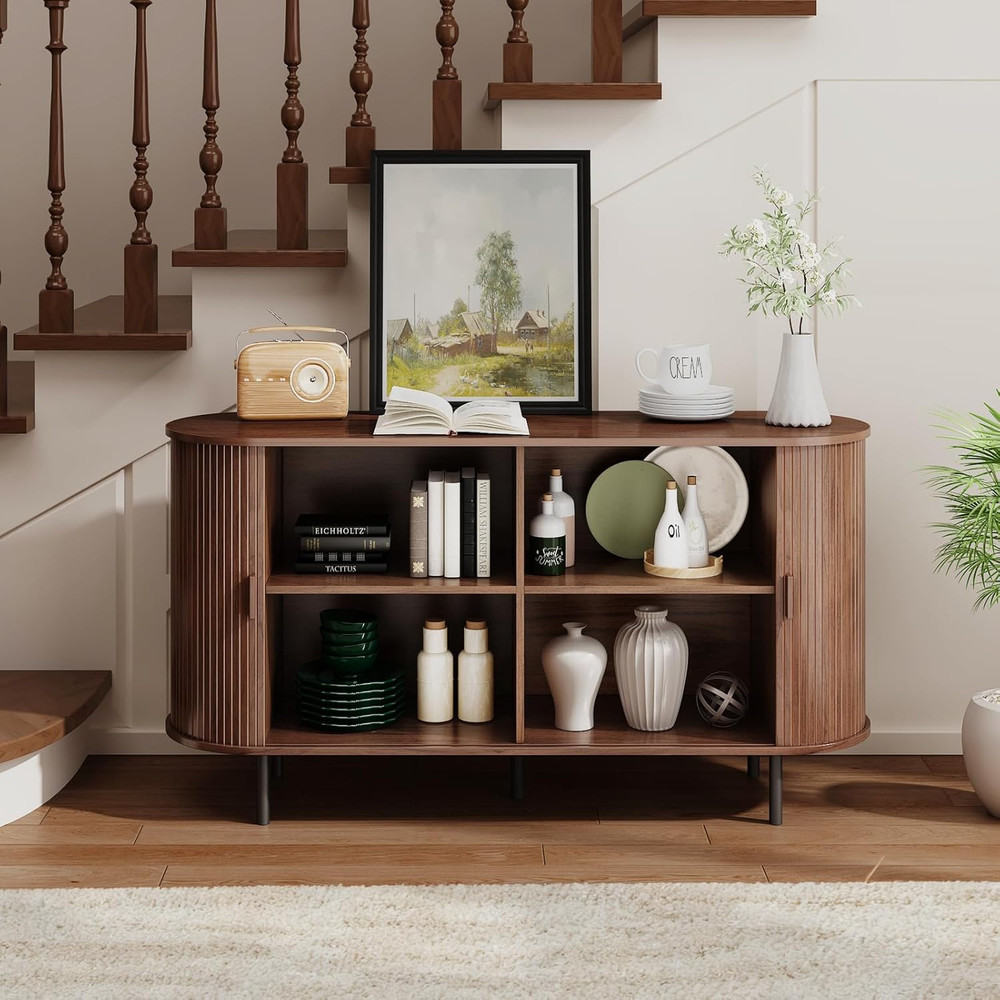 Modern 55" Walnut Buffet Sideboard with Sliding Door & Adjustable Shelf