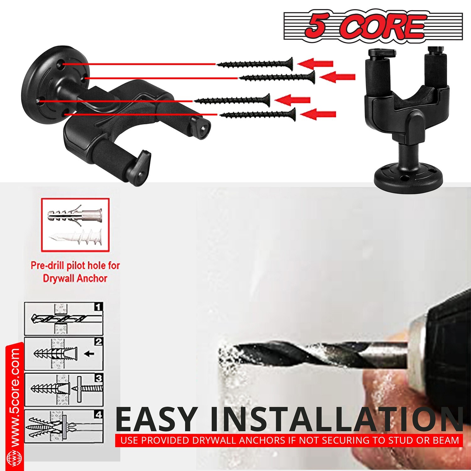 5Core Guitar Wall Mount Hanger 4Pc Hook Soft Padding Adjustable Rotatable Holder