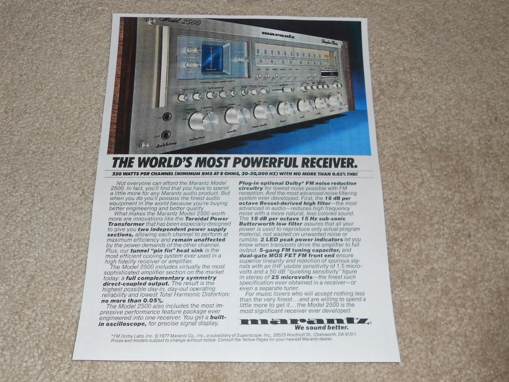 Marantz 2500 Super Receiver Ad, 1977, 1 pg, Article, Specs, Info
