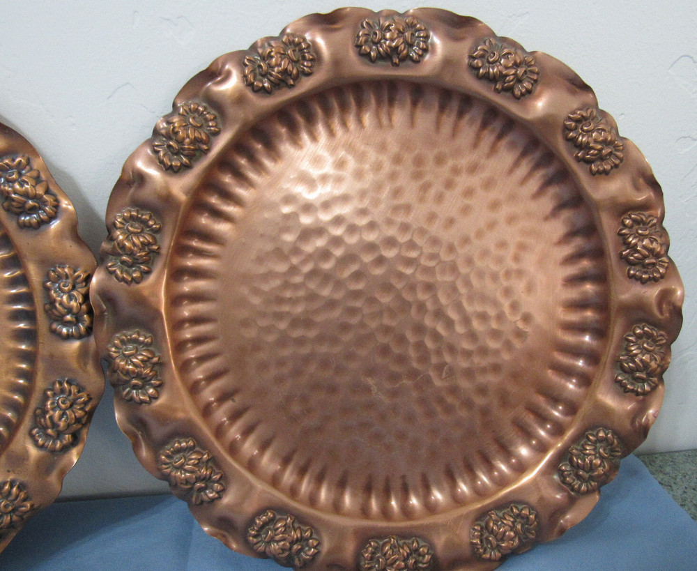 Solid Gregorian Copper Hammered Plate Flowers Wall Hanger Folk Art