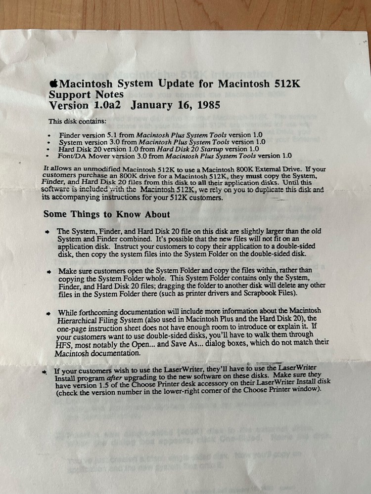 Apple Macintosh System Update Disk for Mac 512k with original instructions.