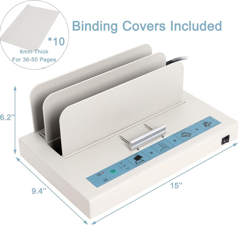 Hot melt binding machine, 500-sheet capacity, bookbinding material (white).