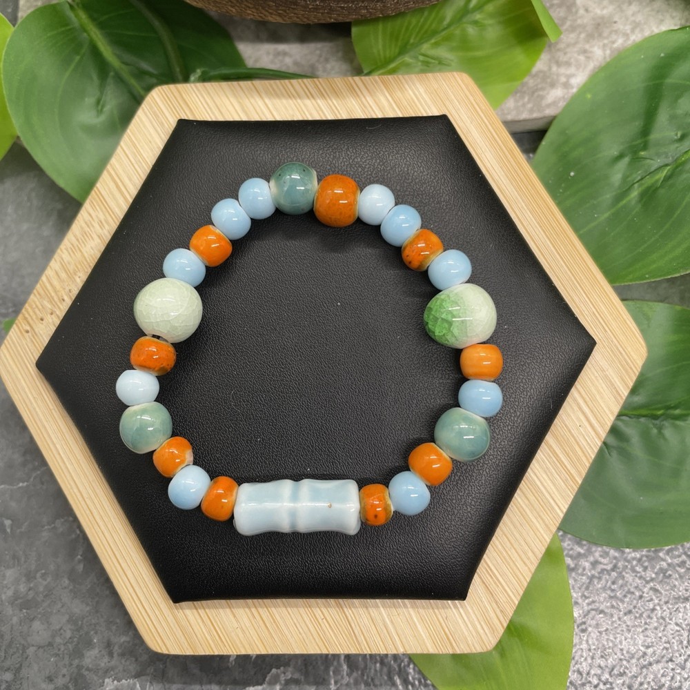Handmade Ceramic Bead Beaded Stackable 6” Plus Stretch Bracelet New B25