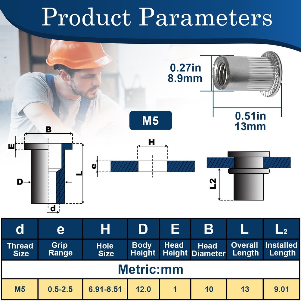 M5 Rivet Nuts 100Pcs 304 Stainless Steel Flat Head Rivnut Threaded Insert Nut