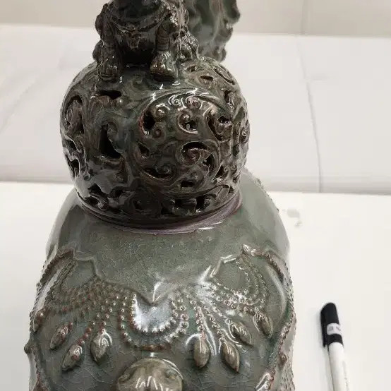 Green Celadon Incense Holder with Intricate Patterns, 30cm