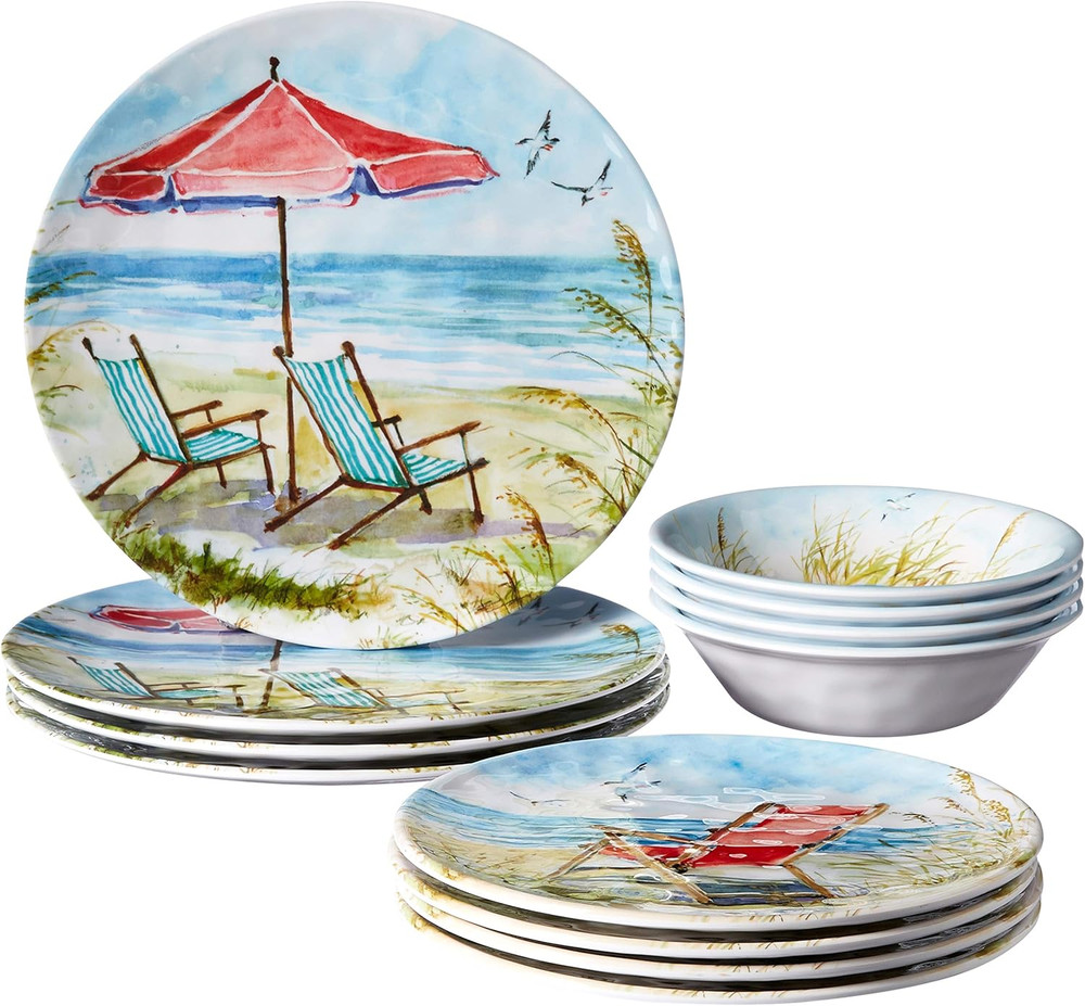 Ocean View 12 Pc Melamine Dinnerware Set, Service for 4