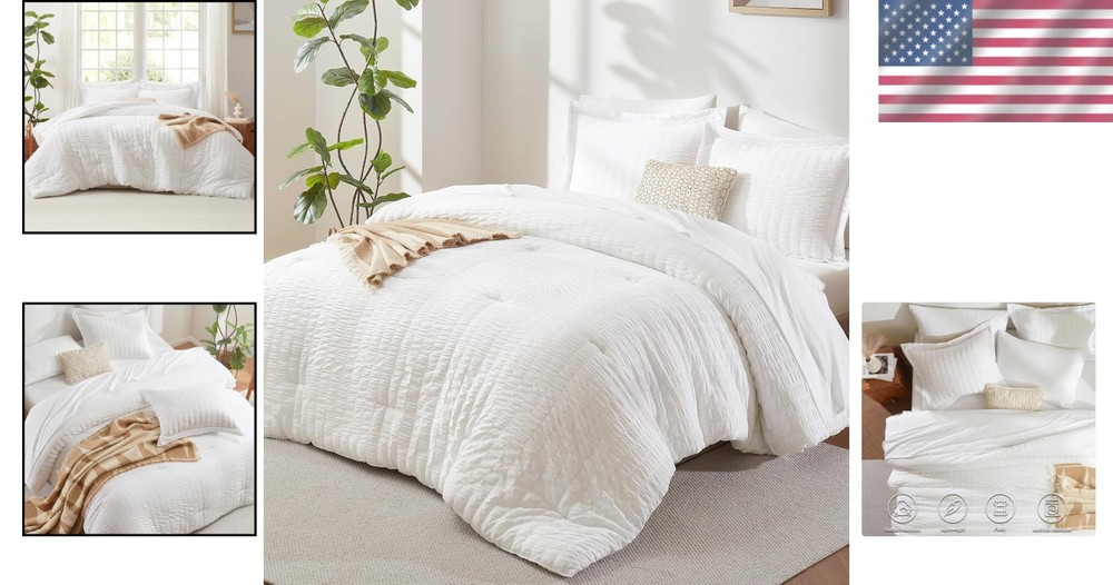 White Seersucker Queen Comforter Set 7 Pieces