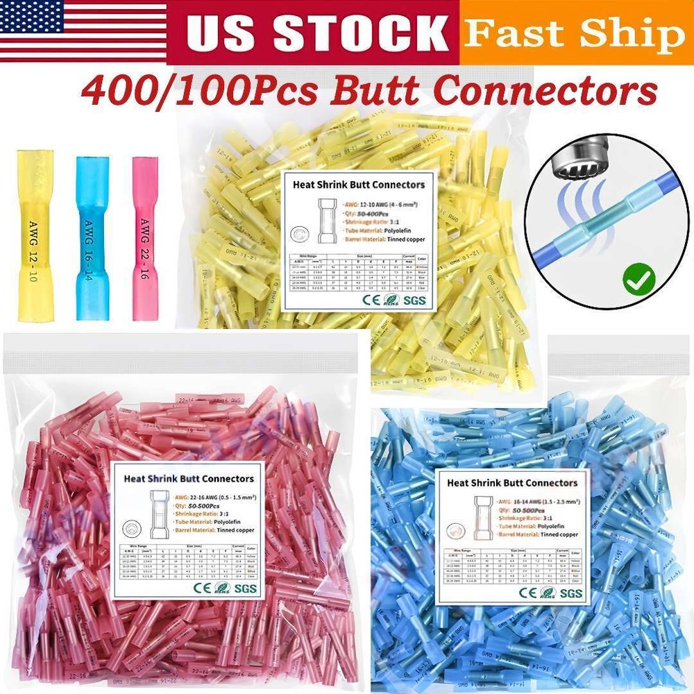 500/100x Waterproof Heat Shrink Butt Splice Wire Connector Insulated Terminals