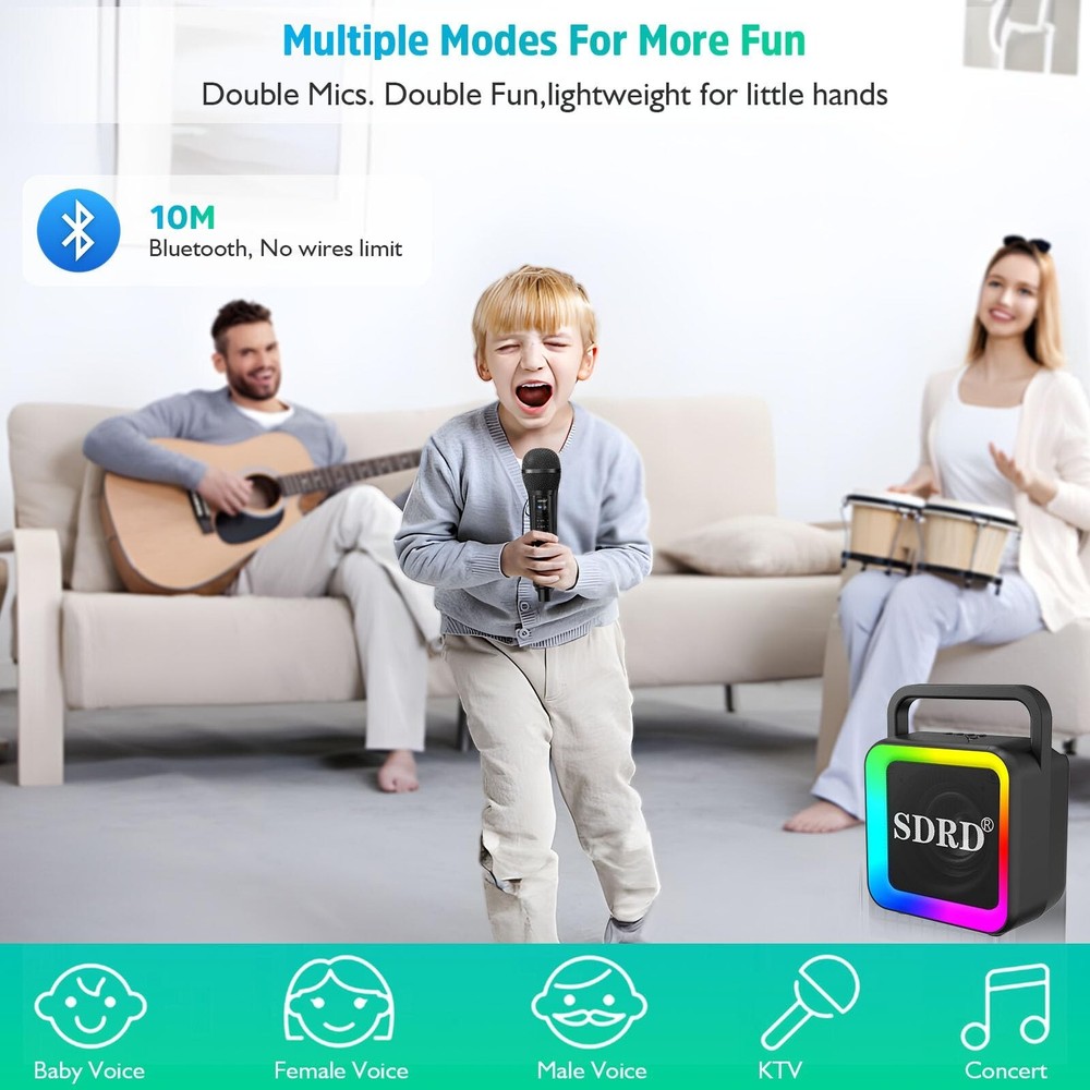 Karaoke Machine with Two Wireless Microphones, Portable Bluetooth Speaker for...