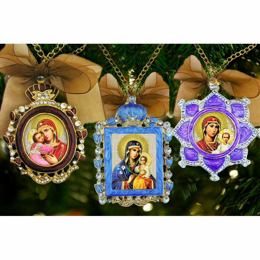 Set of 3 Jeweled Ornament Enameled Framed Icon Pendants/Christmas Ornaments