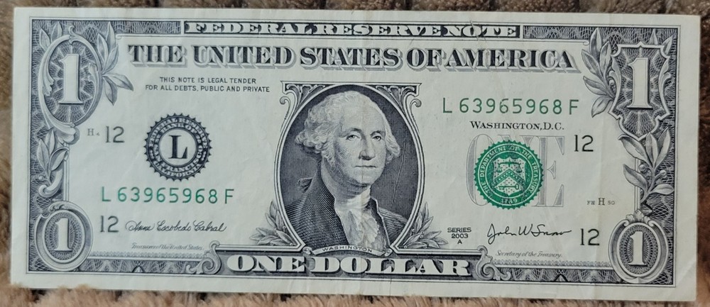 $1 US Federal Resv. Note-2003A Ser. Printing Error - "Gutter Fold" Circulated