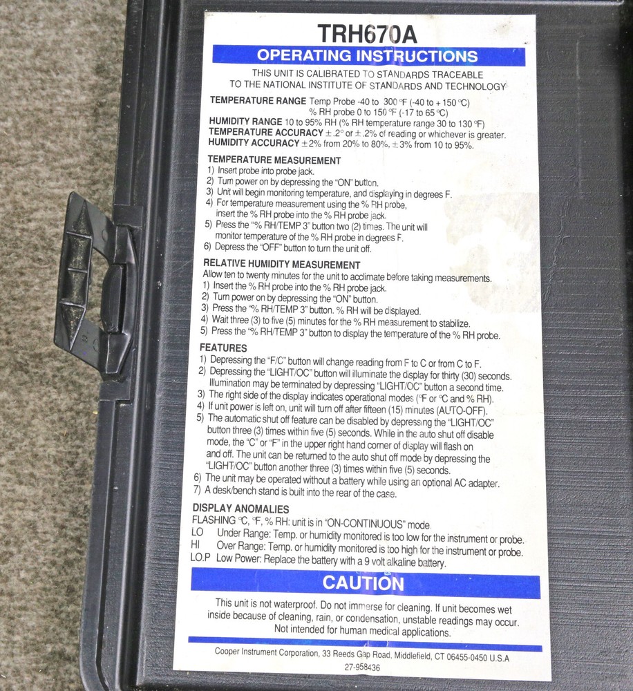 Cooper Electro Therm TRH670A Temperature & Humidity Meter