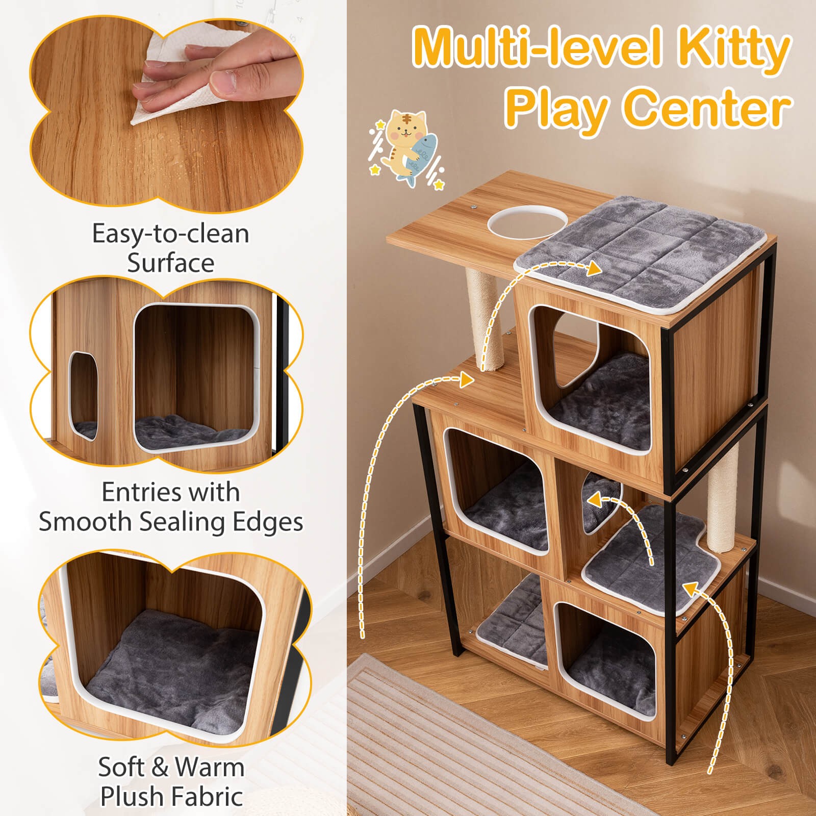Modern Cat Tree for Indoor Kittens Cat Tower House w/ Metal Frame Large Platform