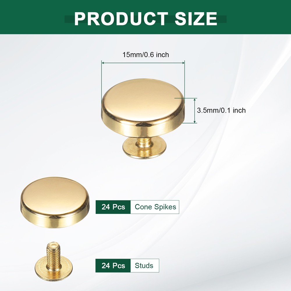 24 Pcs Flat Head Button Stud 15mm Screw Back Rivets Stud Set, Gold