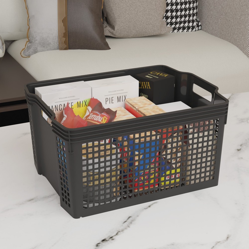 6 Pack Large Stackable Basket, Plastic Woven Basket Organizer, Black