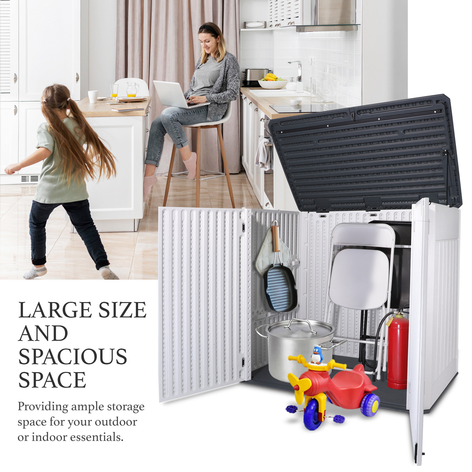 47 Cu.Ft Outdoor Storage Box Horizontal Resin Patio Garden Shed w/ Lockable Door