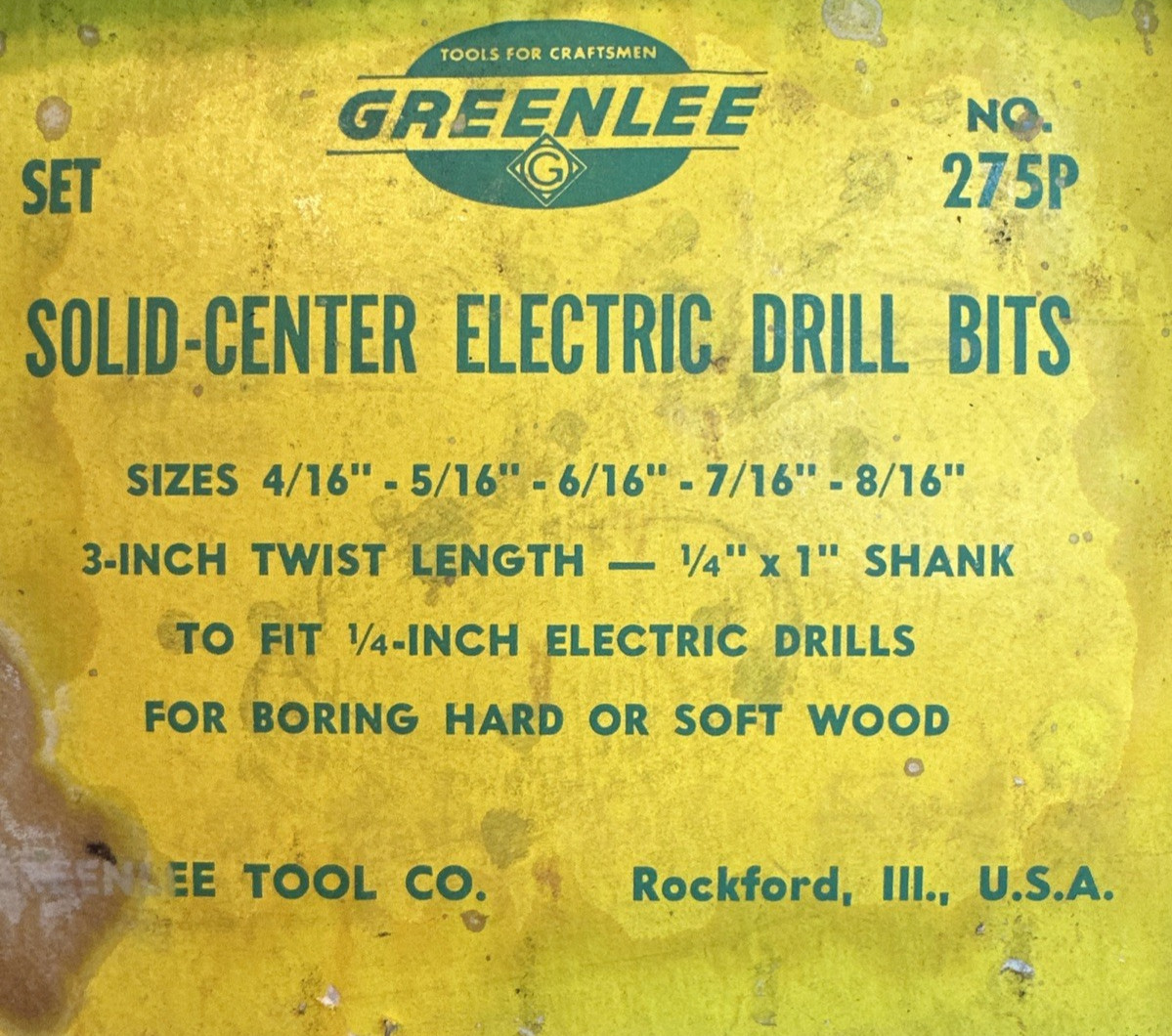 Vintage Greenlee 275P Solid Center Electric Boring Drill Bits Set w/ Orig Box