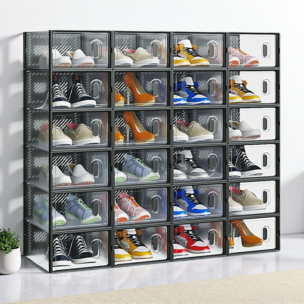 24-Pack Shoe Storage Boxes - Stackable, Door, Plastic Mesh, Black & Small Size