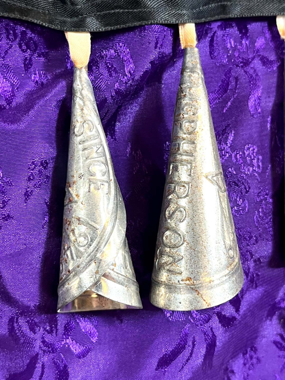 Rare Vintage Ojibwe Jingle Dance Dress Purple Brocade w/ ±175 Tin Cones 1950-60s