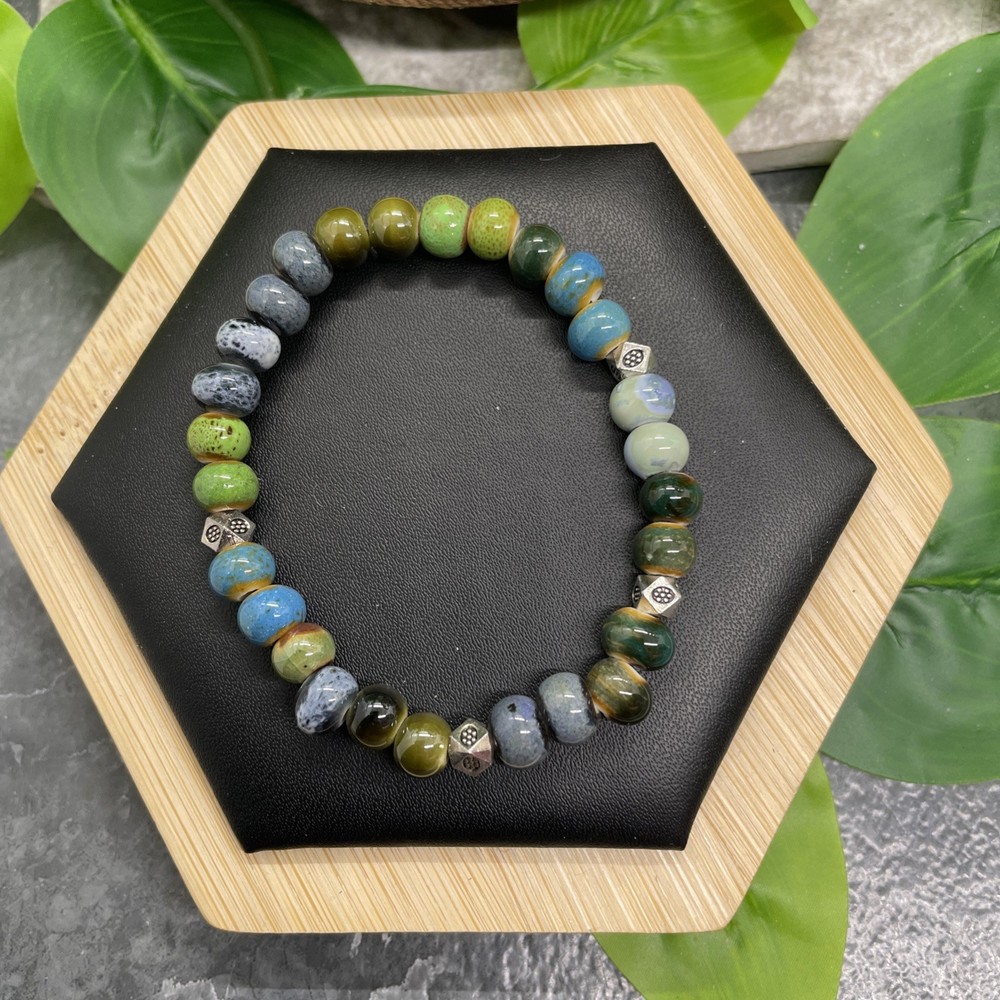 Handmade Ceramic Bead Beaded Stackable 6” Plus Stretch Bracelet New B33
