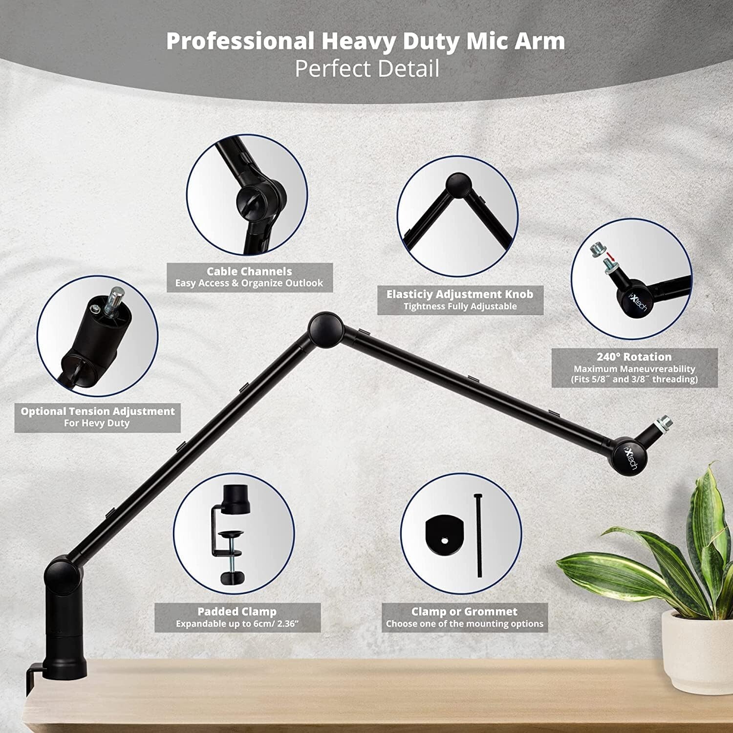 IXTECH Boom Arm-Adjustable 360° Rotatable Microphone Arm-Sturdy Stainless Steel