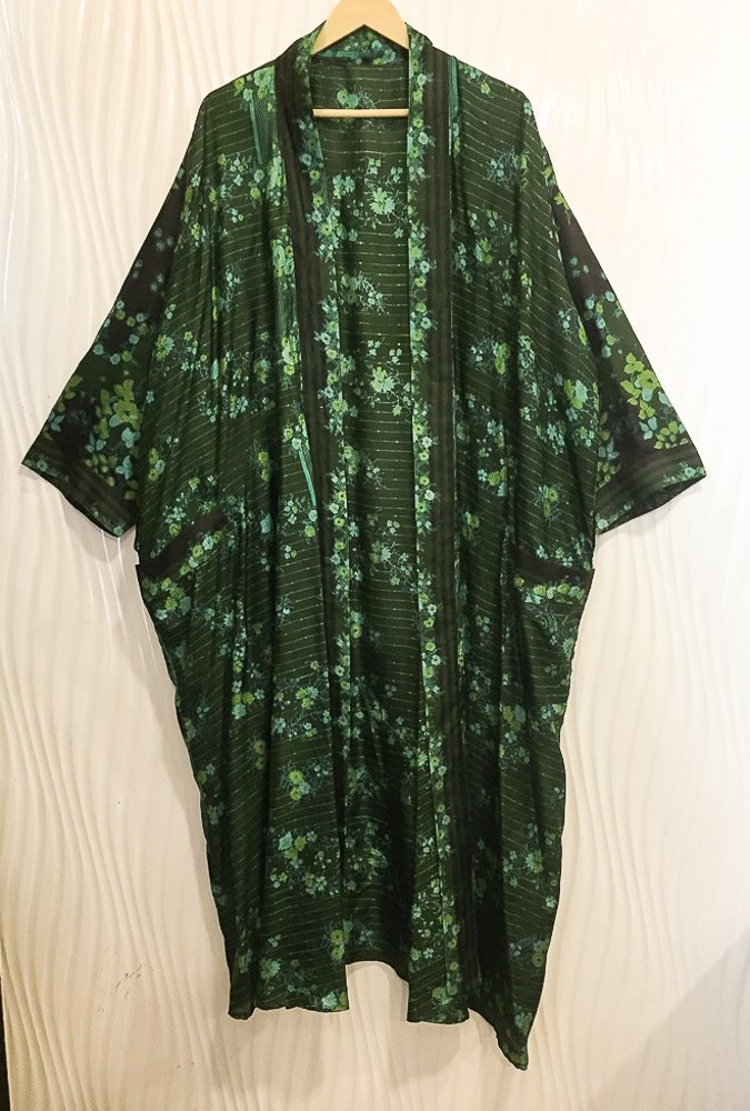 Pure Silk Green & Black kimono Long Robe Gown Girl's Woman Silk Kimono KMO5584