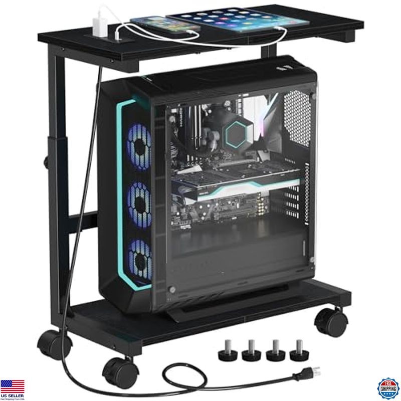 Snughome Height Adjustable Computer Tower Stand with Charging Station on Wheels