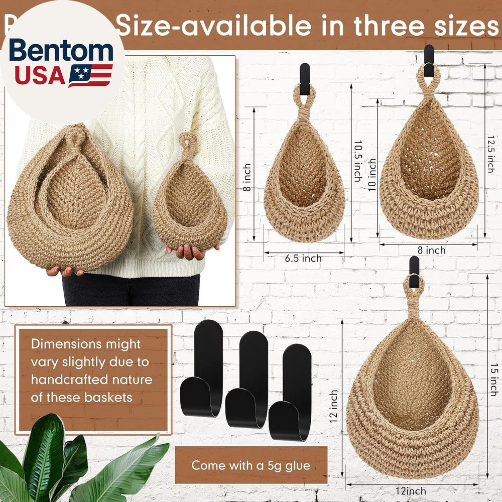 Boho Decor Hanging Wall Baskets for Kitchen 3 Pack Teardrop Baskets with Hooks S