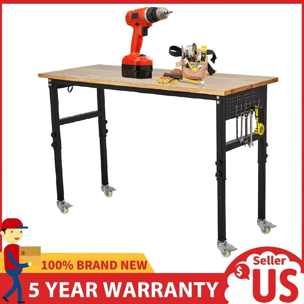 60" Adjustable Workbench w/Wheels & Power Outlets, 2000Lbs Work Table for Garage