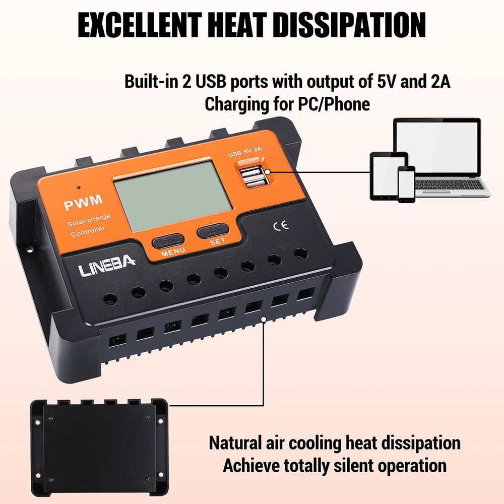 PWM Solar Panel Regulator Charge Controller 12V/24V/48V Auto Focus Tracking 2USB