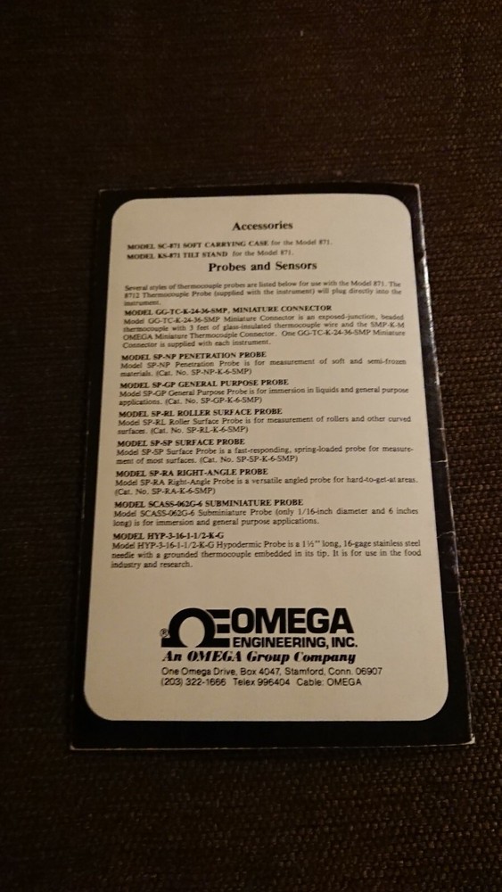 Omega Model 871 Digital Thermometer Instruction Operator's Manual schematic