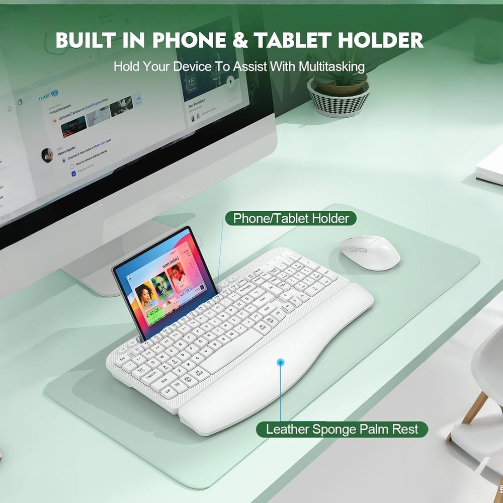Wireless Keyboard and Mouse Combo, Wave Keys Full-Sized Ergonomic Keyboard