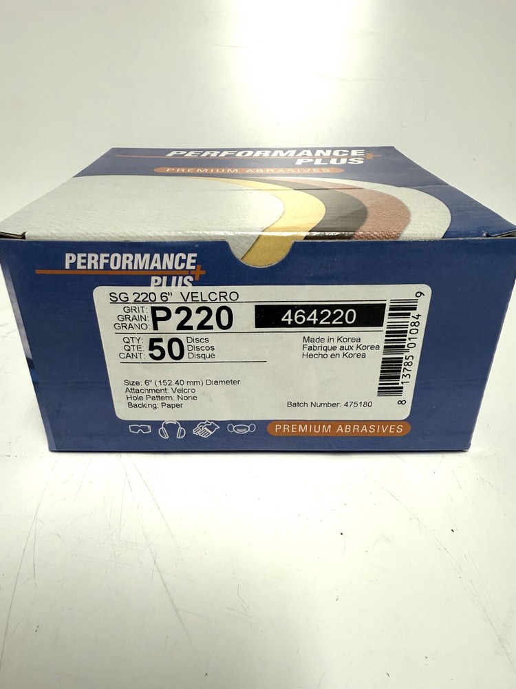 PERFORMANCE PLUS SG 6" SANDING DISC, 220 GRIT, 50 DISC PER BOX, NEW