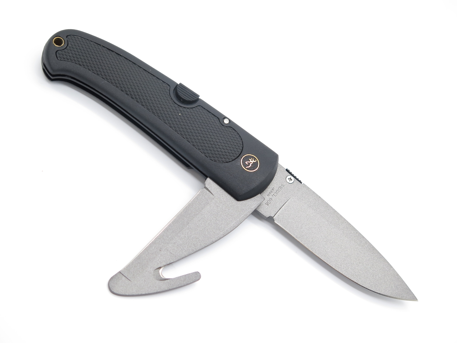 Vtg Browning 608 Kodiak FDT Seki Japan Black Guthook Folding Hunter Knife