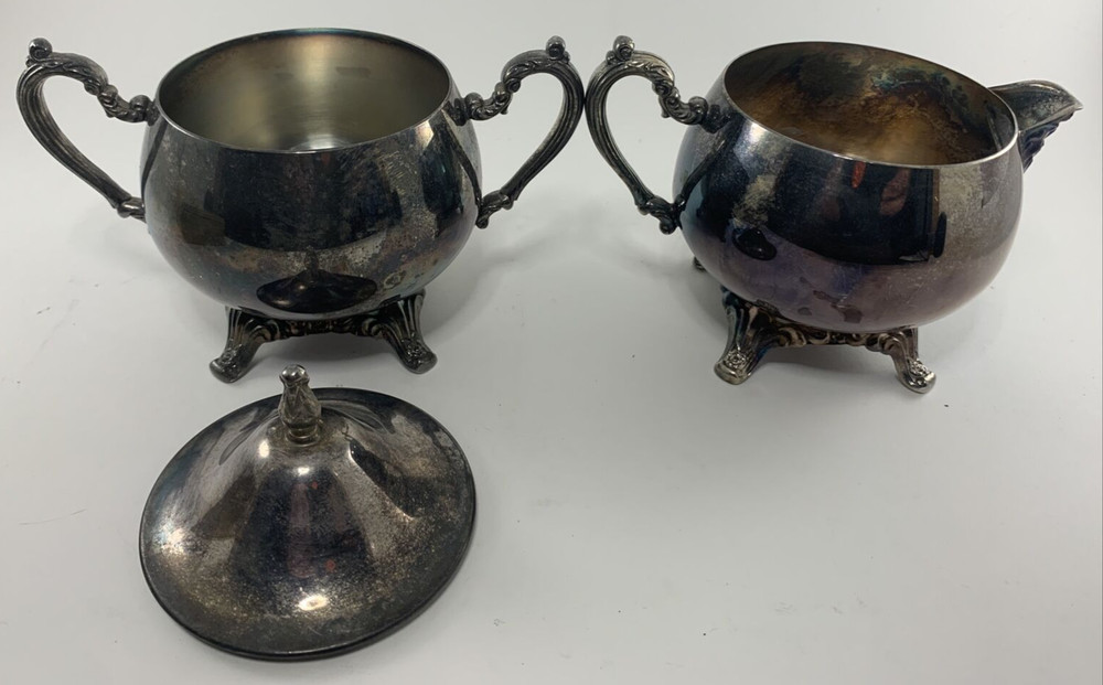 Antique Brass Cream & Sugar Set 3” Tall Footed VINTAGE