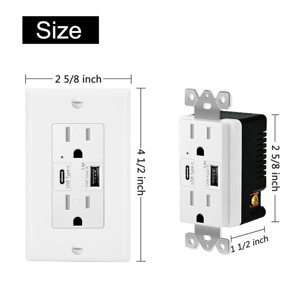 10x 15A Duplex TR Receptacle Plug 5.8A High-Speed USB Type C Wall Outlet Charger