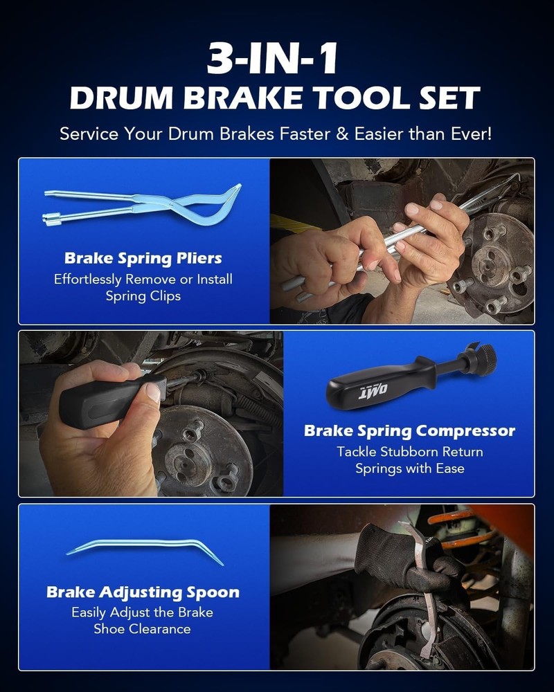 Kit, 3 pc Drum Brake Adjustment Tool Set with Brake Spring Compressor Tool an...