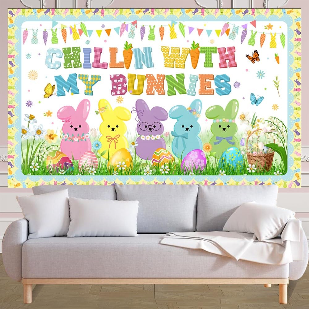 Easter Backdrop Spring Bunny Chillin Banner Happy Easter Party Decorations Sp...