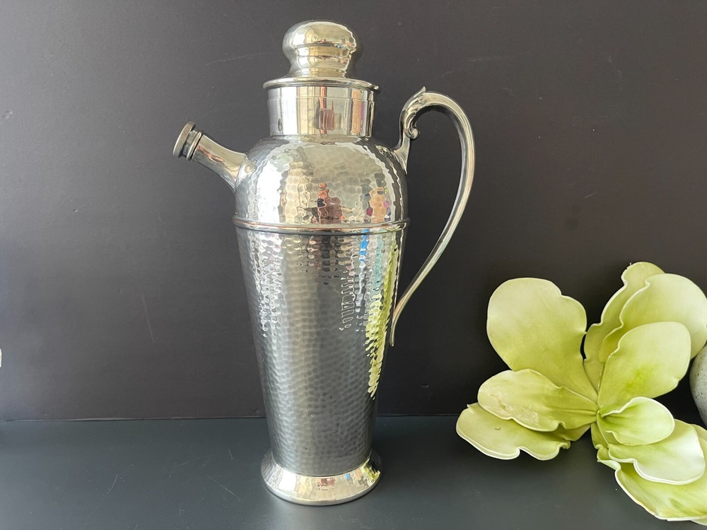 Vintage 12" Victorian Silver Plate on Hammered Copper Cocktail Shaker
