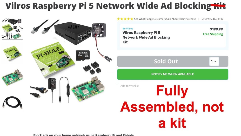 Raspberry Pi5 Pi 5 w/4GB RAM Network Wide Ad Blocking ASSEMBLED w/64Gig MicroSD