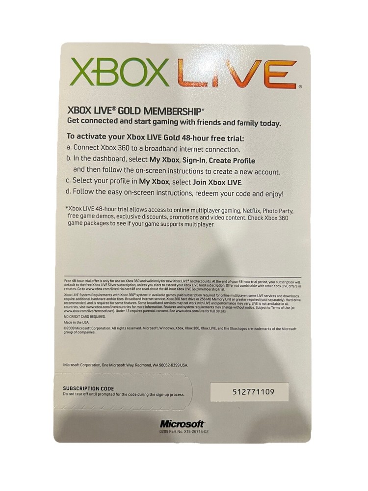 Microsoft Xbox Live Free 48 Hour Trial Gold Subscription - XBOX 360