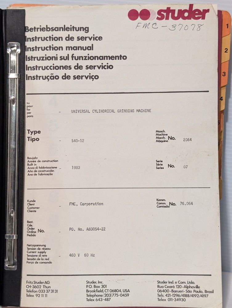 Studer S40-12 Instruction Manual Universal Cylindrical Grinder