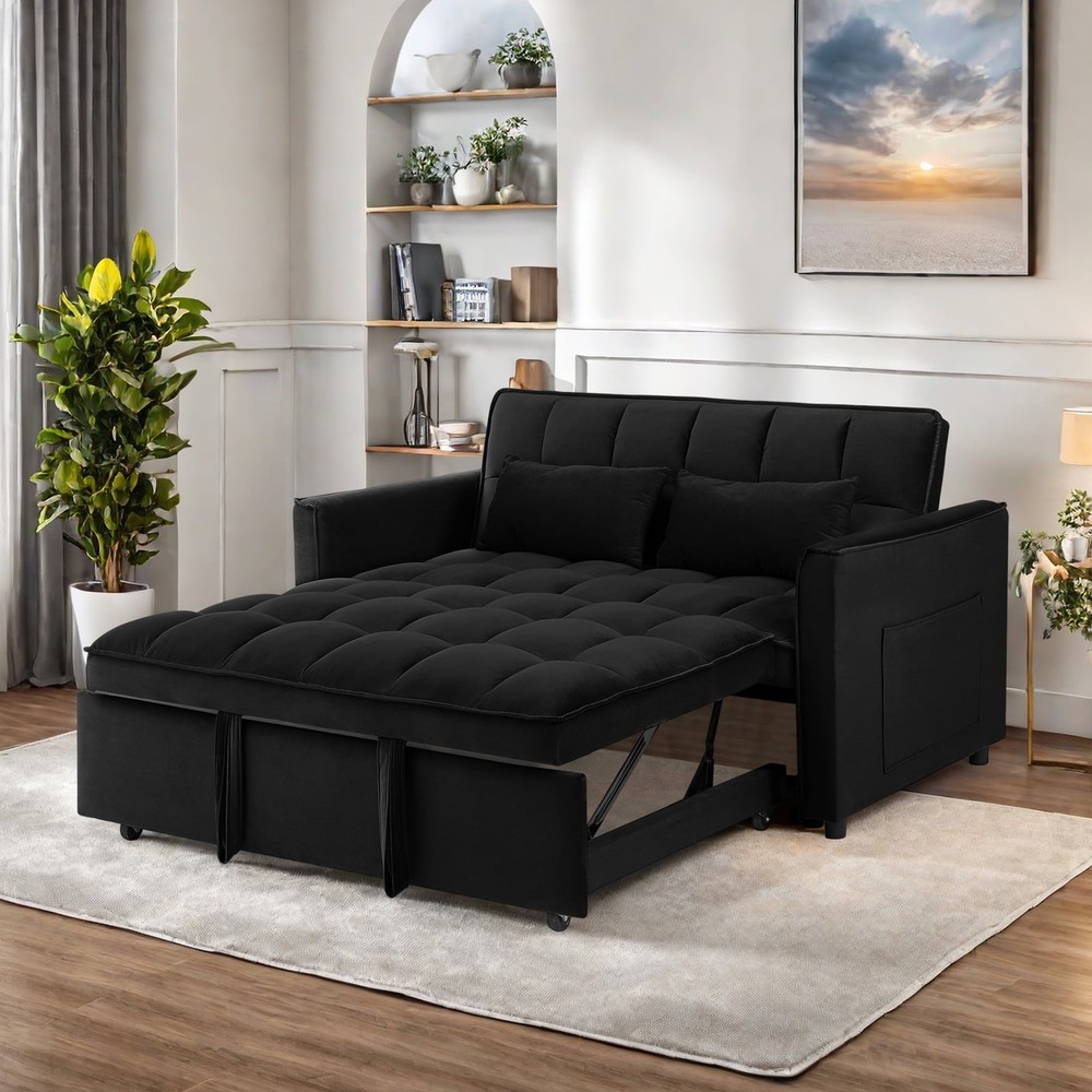 3-in-1 Convertible Sleeper Sofa Pull Out Couch Bed Adjustable Backrest Black