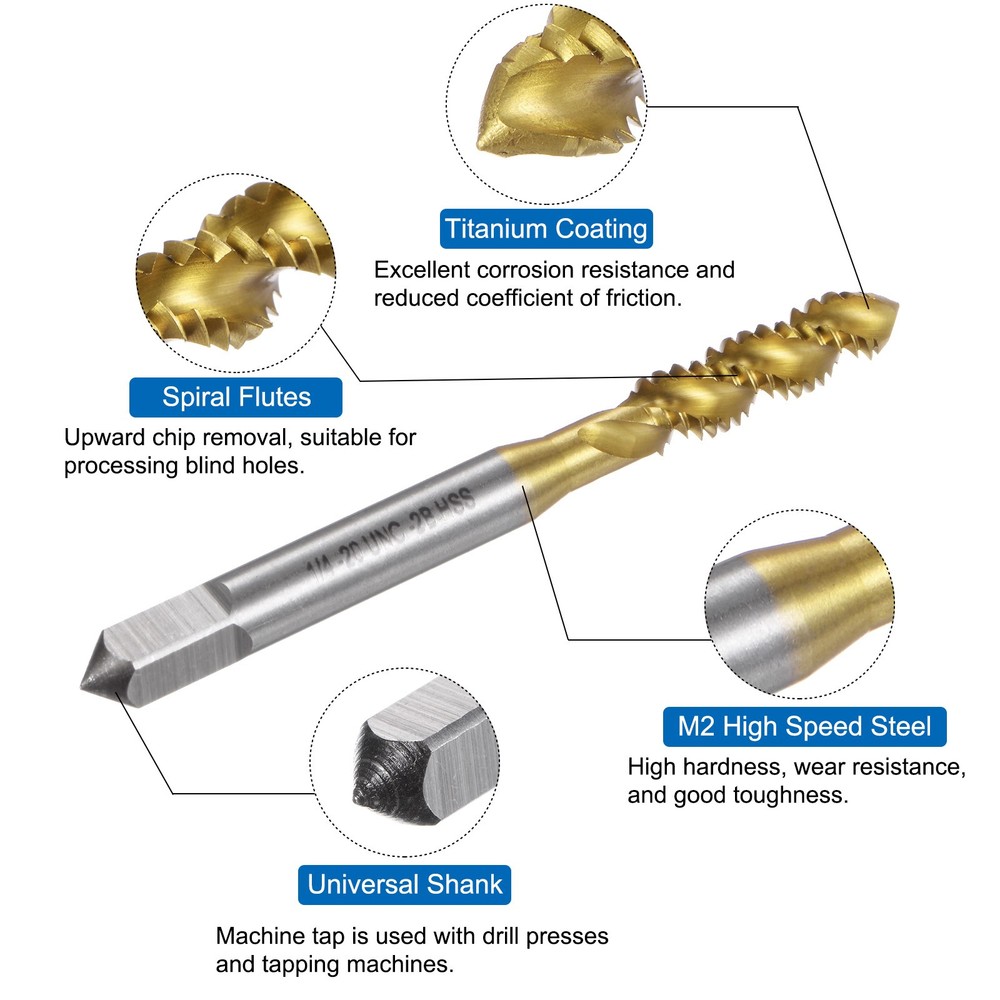 Spiral Flute Thread Taps 1/4-20 UNC 2B Titanium Coated Screw Threading Tapping