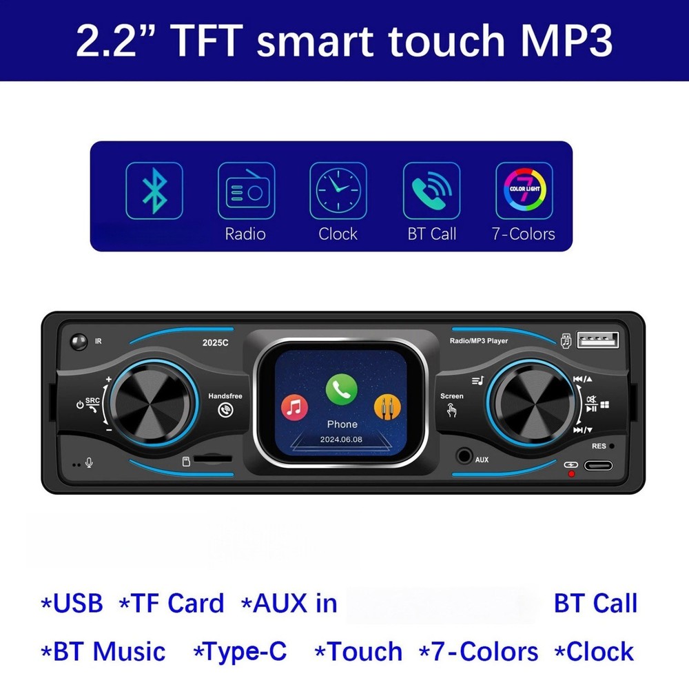 MP3 Car Radio with Steering Wheel Control, Bluetooth A2DP USB TF Card Reader