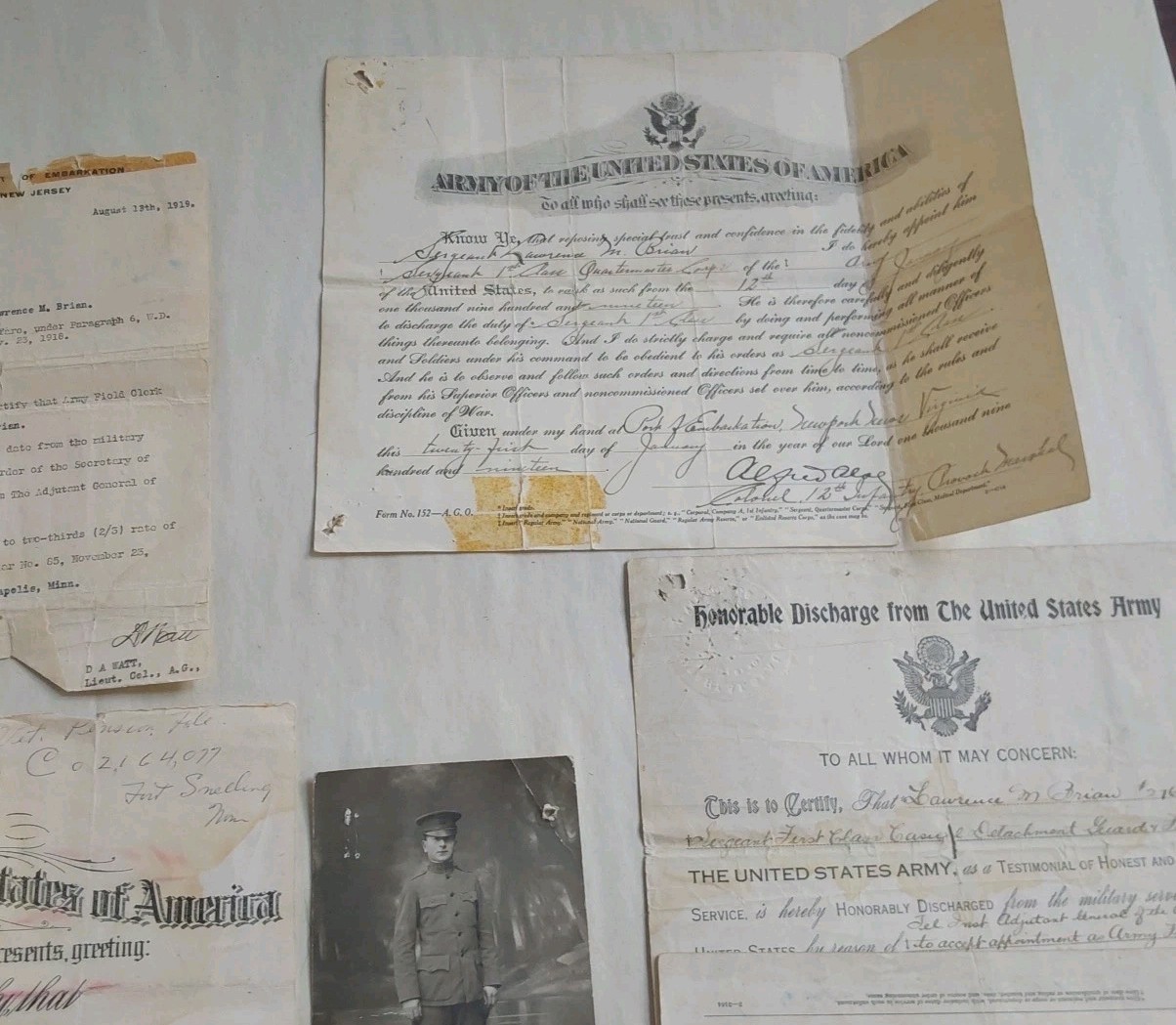 Vtg WW I United States Army Military Honorable Discharge Paper + Photo 1919-5 Pc